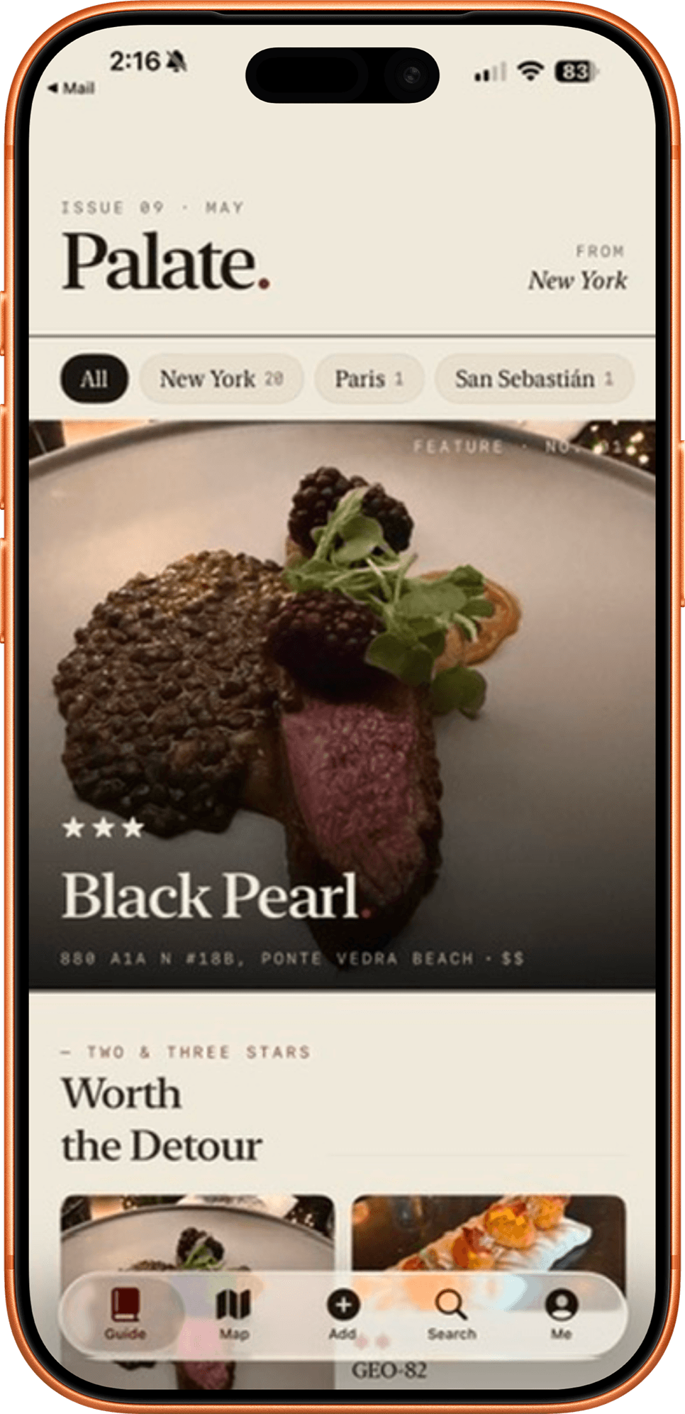 The Palate app, the Guide screen featuring the three-star Black Pearl and the “Worth the Detour” section, with city filters for New York, Paris, and San Sebastián.